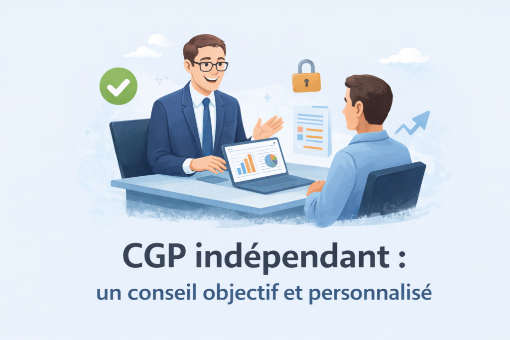 Conseiller en gestion de patrimoine indépendant expliquant une stratégie financière personnalisée à un client, avec graphiques à l’écran et ambiance professionnelle.